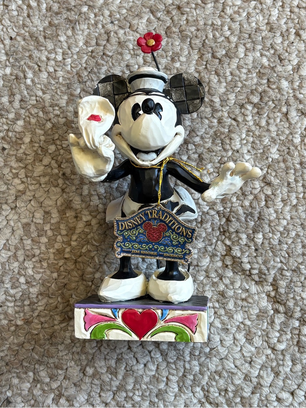 Disney Black & White Mickey Mouse Figurine with Red Flower Accent